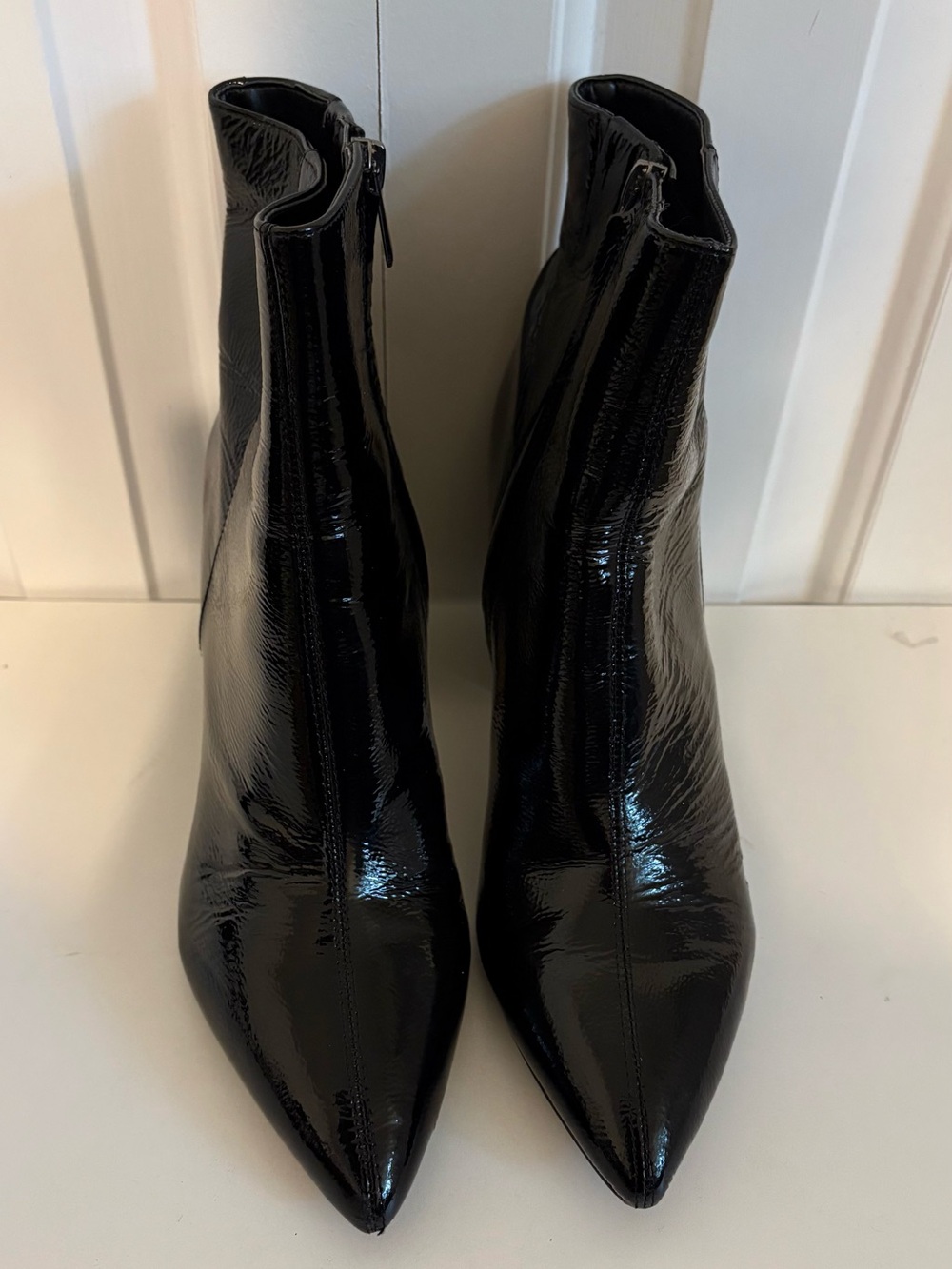 SAM EDELMAN Black Patent Leather Pointy Toe Ankle Boots with Block Heel, Size 10